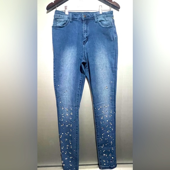 Juniors Rhinestone Jeans Womens 15 Blue Slim Fit Tapered Glam Denim - Picture 2 of 11